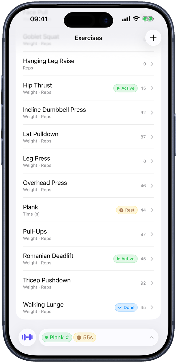 The Exercises tab: each row shows its tracking type and a live Active / Rest / Done status during a session.