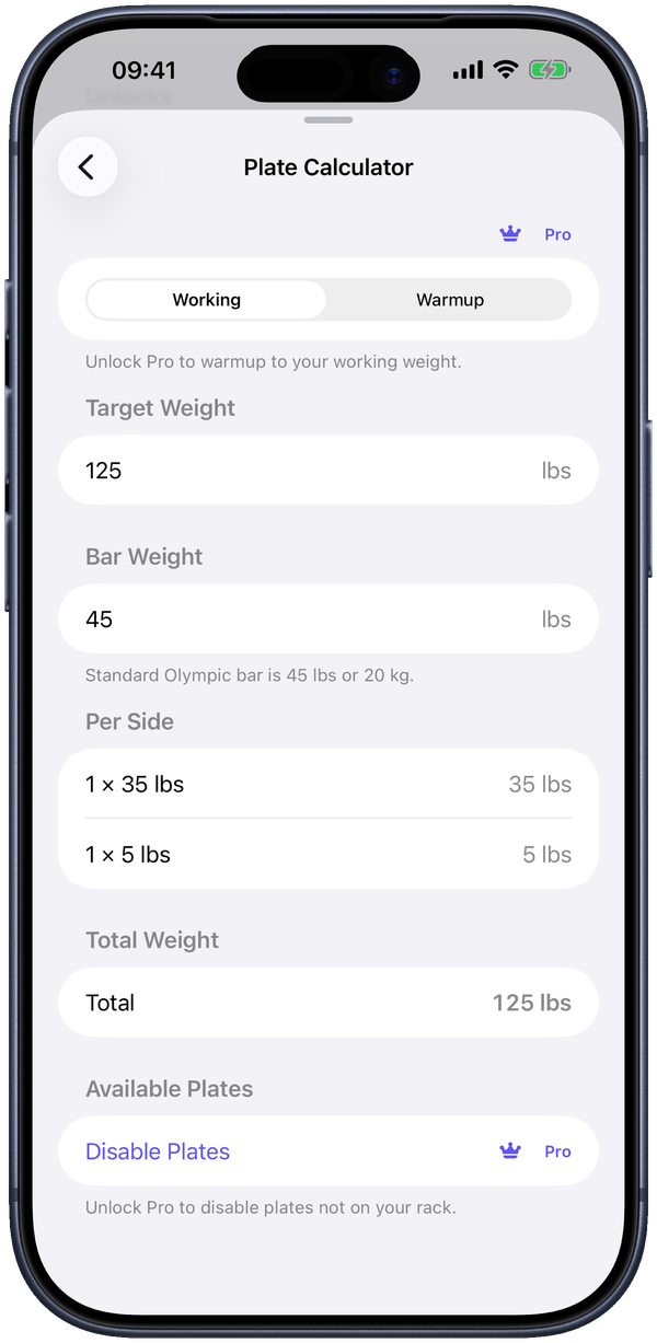 Target weight in, exact per-side plates out — with a total and a comparison to your target.
