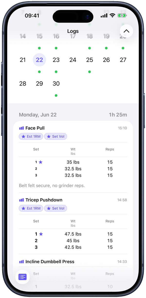 The Logs calendar &mdash; green dots mark training days; tap a day for the full detail.