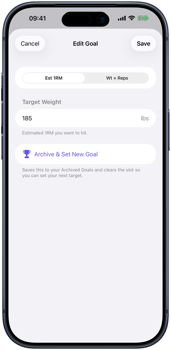 The Set a Goal sheet &mdash; pick a target the exercise can measure; clearing it earns a Goal Hit badge.