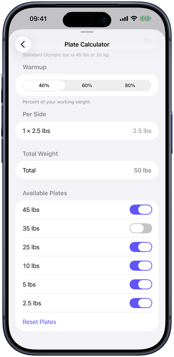 Warmup mode turns a percentage of your working weight into exact plates.